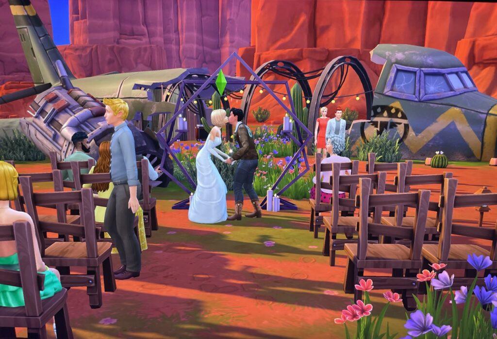 Don Lothario and Hannah McCoy get married at the Old Penelope Plane Wreck in Strangerville in The Sims 4