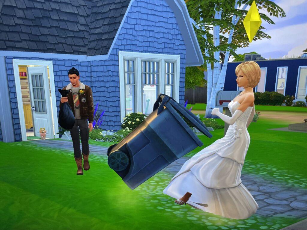Hannah McCoy knocks over a trash can as Don Lothario takes out the trash in The Sims 4