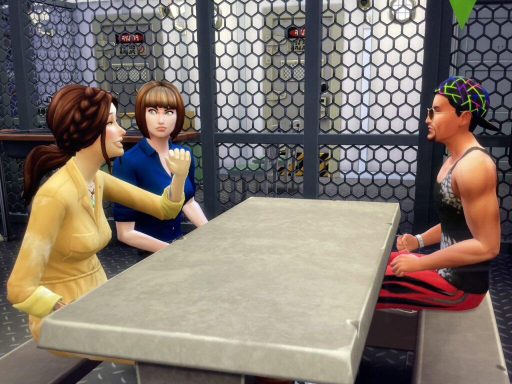 Don Lothario visits the Magnolia Promenade prison and flirts with a prisoner in sims 4