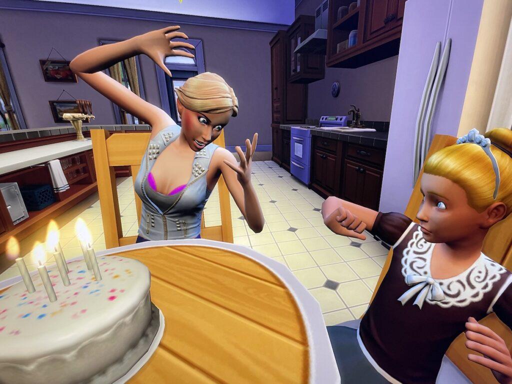 Summer Holiday yells at her daughter Travitha, threatening to age her up in The Sims 4.