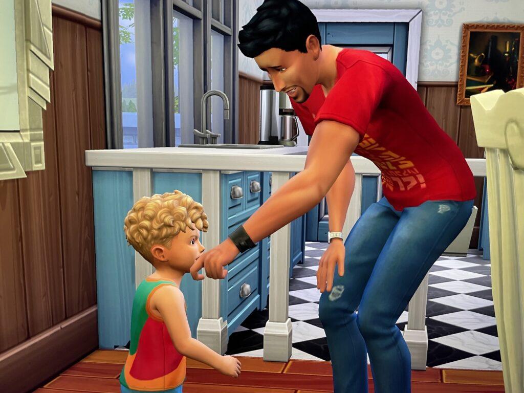 Caiden Scott, a toddler sim, bites Don Lothario in The Sims 4