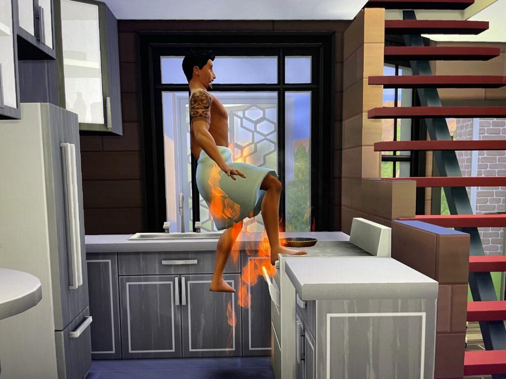 Don Lothario's towel catches fire while cooking in The Sims 4