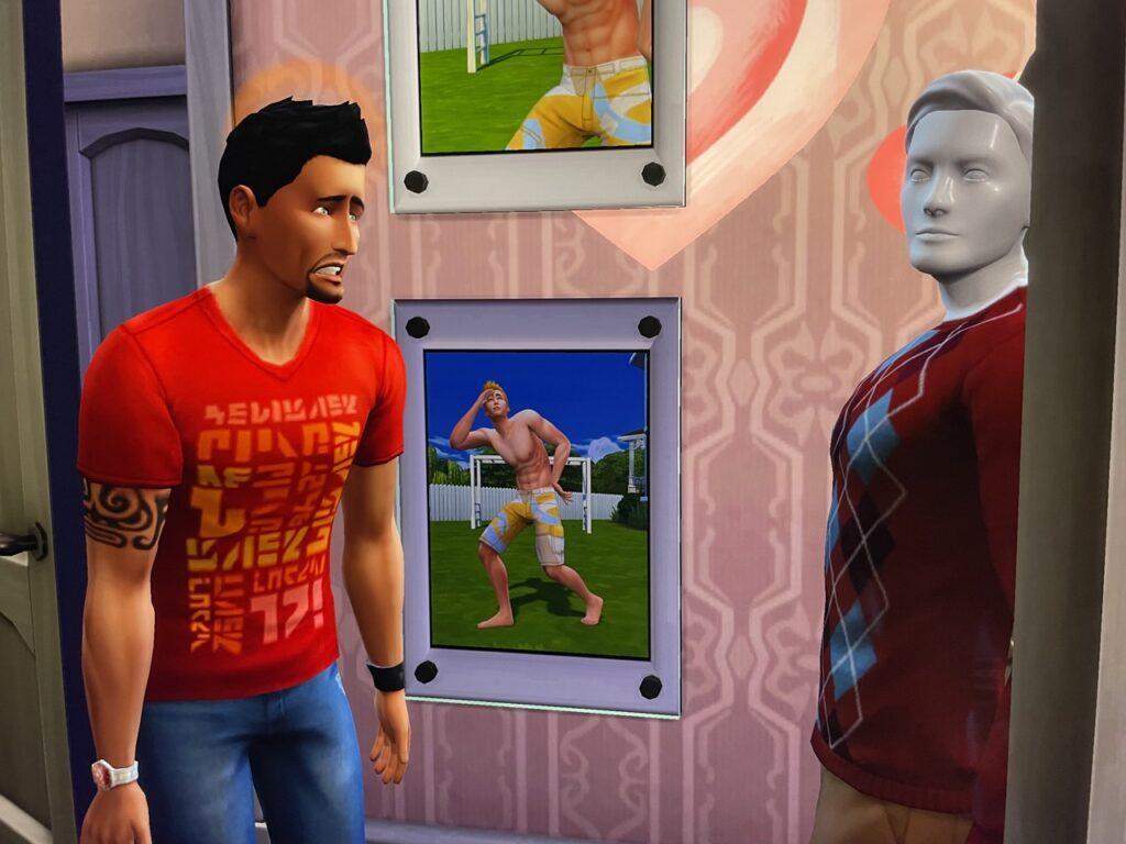 Don Lothario sees the Travis Scott mannequin in Summer Holiday's bedroom in The Sims 4