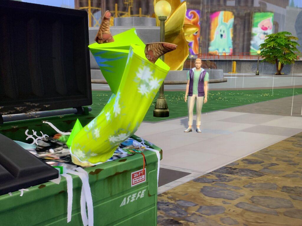 My sim dumpster diving during the homeless sims 4 challenge. She went from rags-to-riches flipping homes.