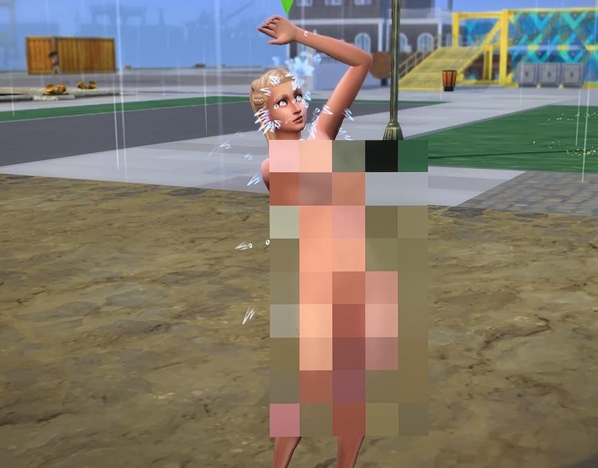 My sim showering in the rain while living homeless during the sims 4 homeless challenge