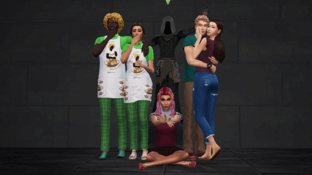 Jarrett, Tomi, Caiden, Jamie, and Travitha face the Grim Reaper in this Sims 4 Grim Reaper drama season.