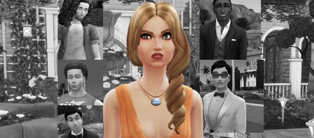 Cindy Sour glares at the camera in her Soulmates mansion, surrounded by hopeful bachelors in this Sims 4 Bachelorette challenge story.