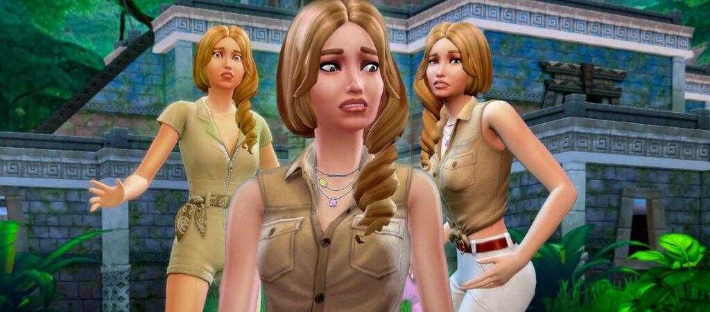 Cindy Sour squirming in discomfort mid-jungle trek in this Sims 4 Jungle Adventure gameplay episode.
