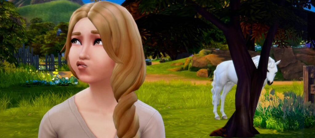Cindy Sour glaring in frustration on the ranch while the horse Bee watches from behind in this Sims 4 ranch gameplay story.