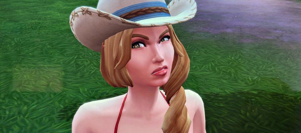 Cindy Sour glares in a cowboy hat outside her new ranch home in this Sims 4 Horse Ranch gameplay story.