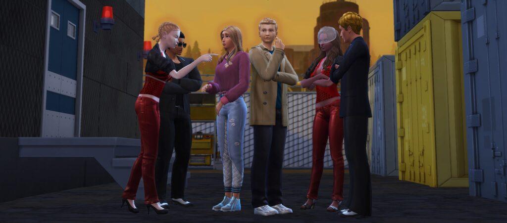 One of Aubrie Landgraab’s Cat Thieves points at Annabelle while Casey is caught between his pregnant girlfriend Aubrie and her mob boss brother Malcolm in this Sims 4 Landgraab family drama.